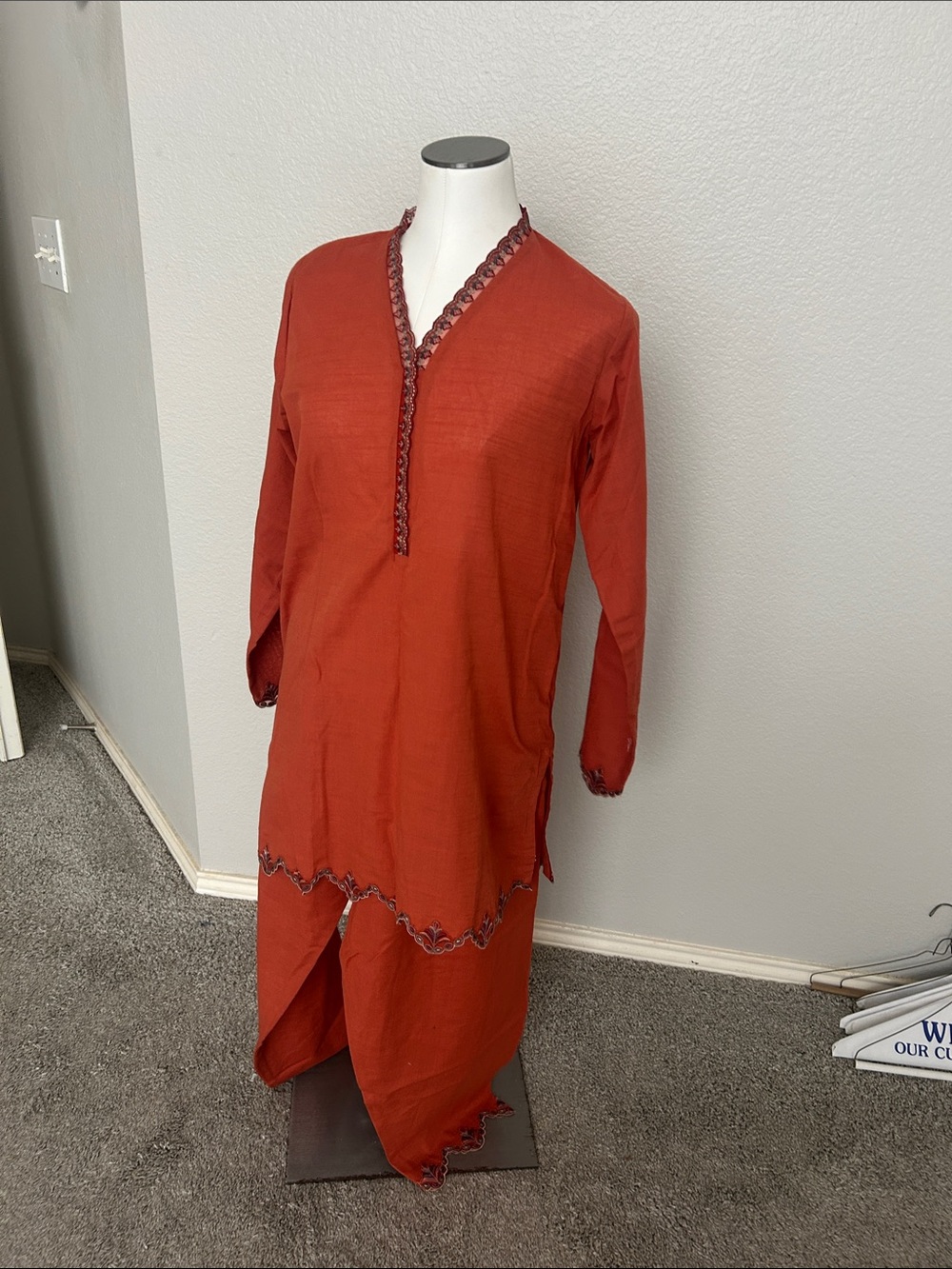 Kurta and short trousers 2 piece cord set in rust orange with teal embroidery